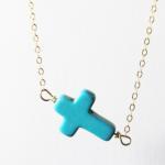 Turquoise Sideways Cross Necklace, 14kt Gold..