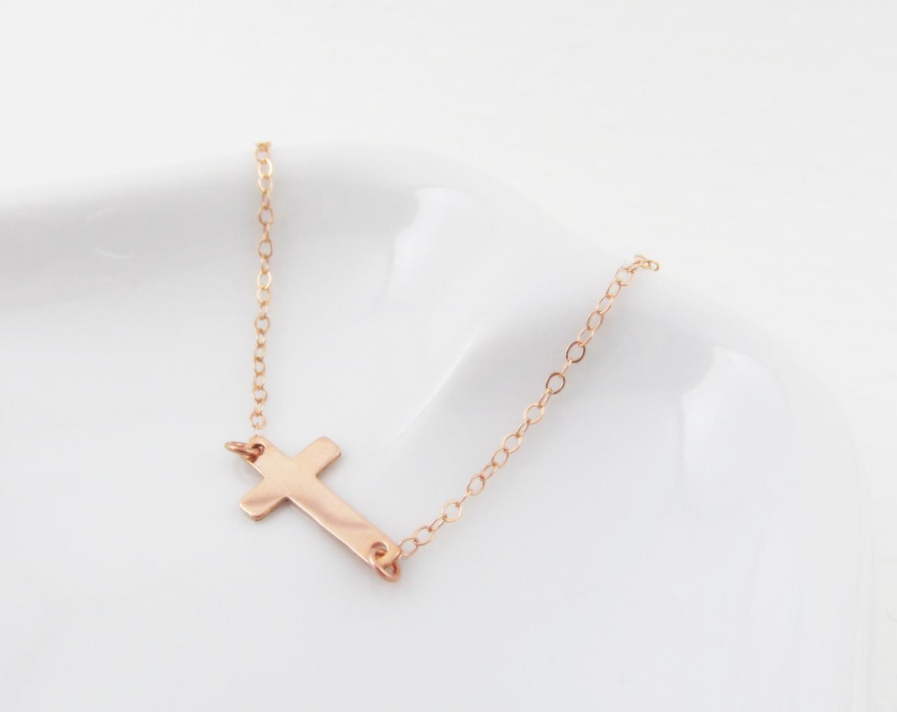 Rose Gold Sideways Cross Necklace, Rose Gold Filled Necklace Gift For Her