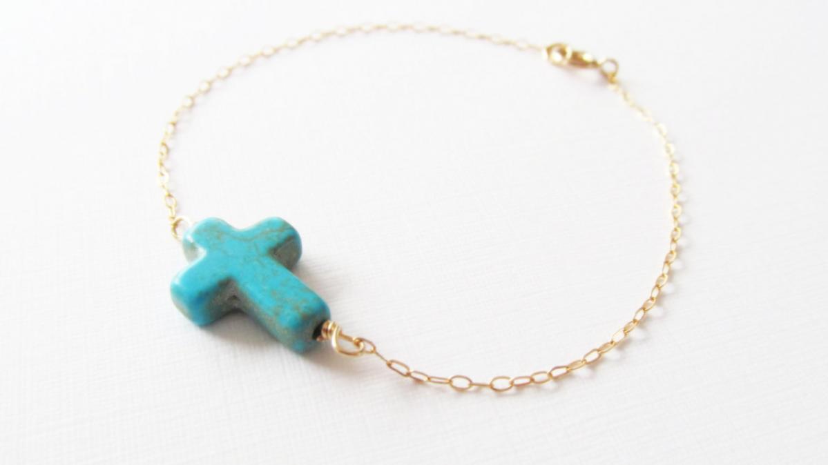 Turquoise Cross Bracelet, 14kt Gold Filled Bracelet, Gift For Her
