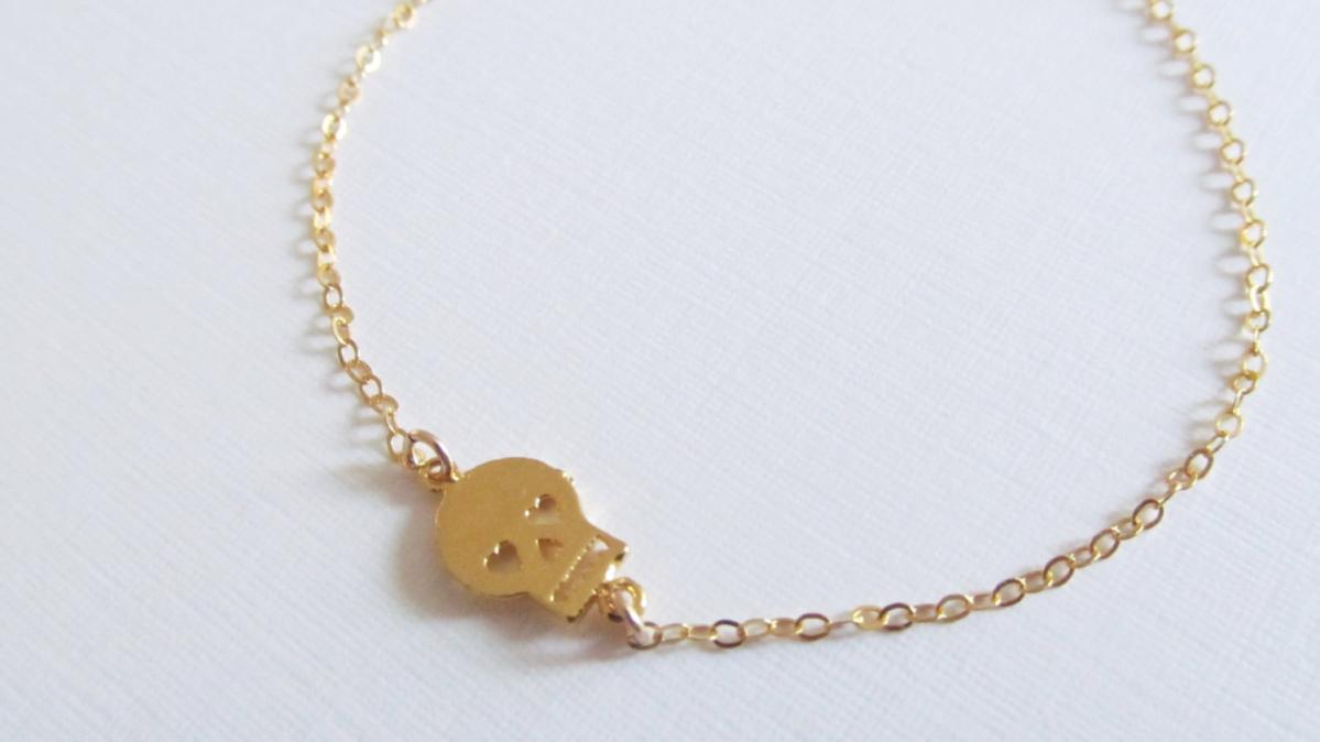 Gold Sugar Skull Bracelet, 14kt Gold Filled Bracelet, Gift For Her