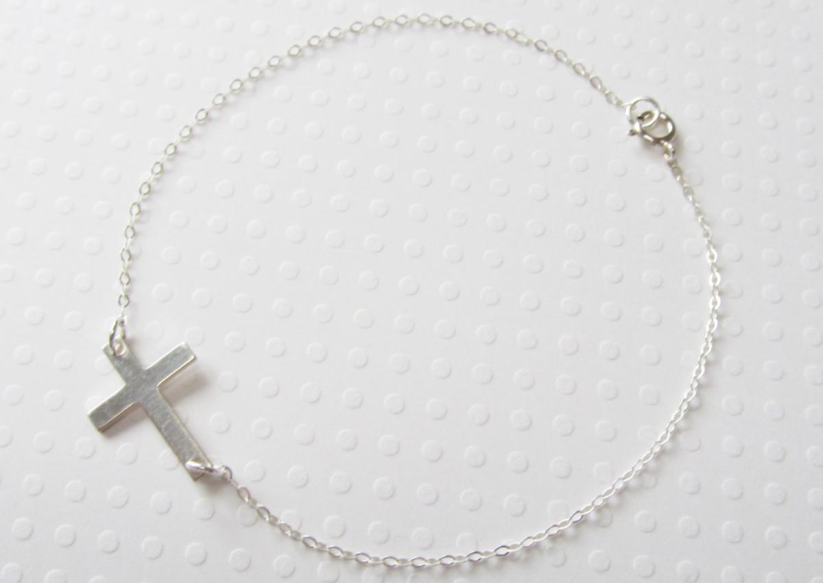Sterling Silver Sideways Cross Bracelet, Sterling Silver Bracelet, Gift For Her