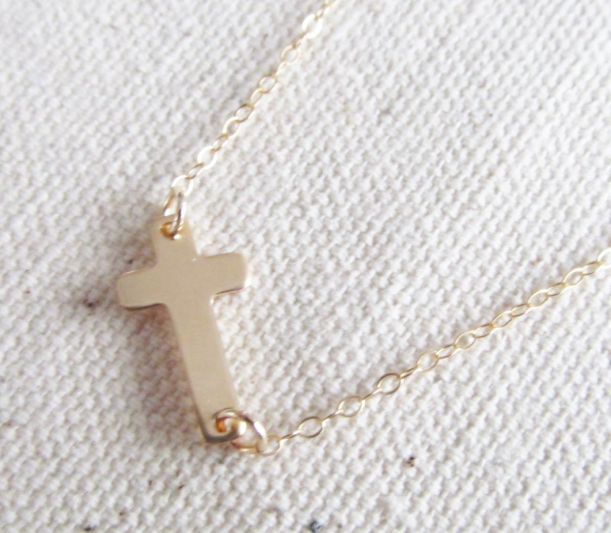 14kt Gold Sideways Cross Necklace, Gold Filled Necklace Gift For Her