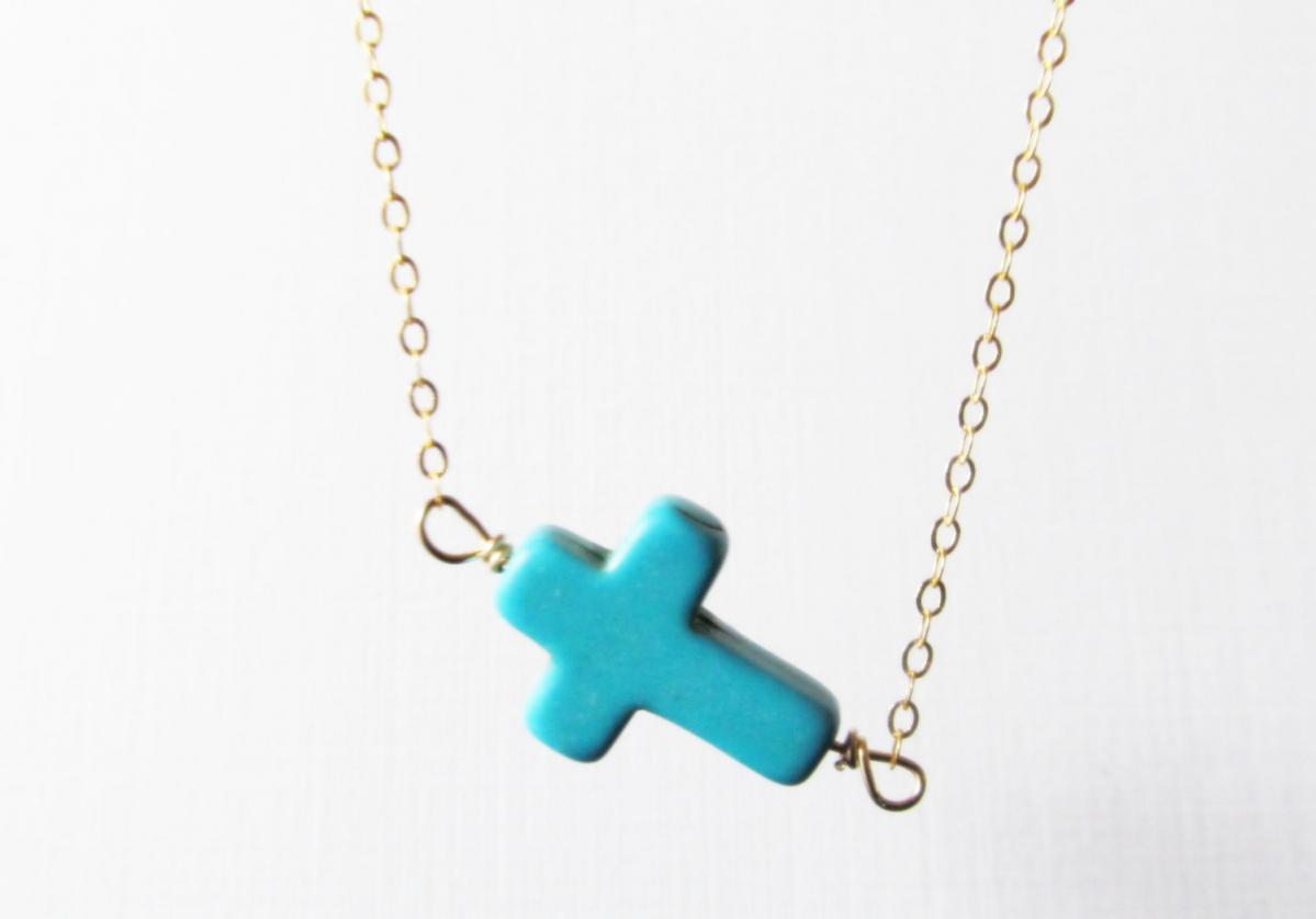 Turquoise Sideways Cross Necklace, 14kt Gold Filled Necklace, Gift For Her